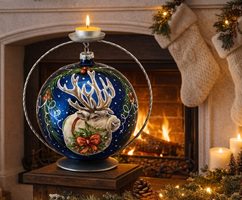 stor julekugle i glas med julemotiv rensdyr